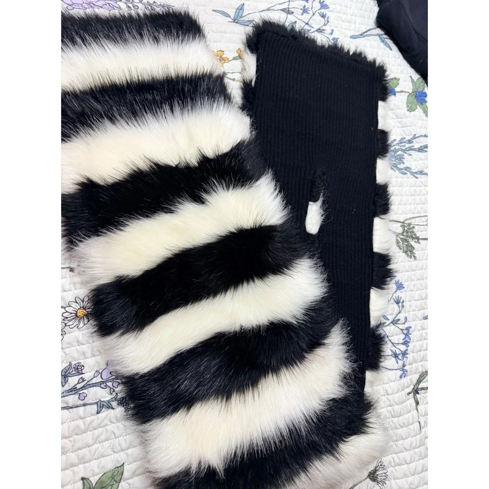 Kate Spade Faux Fur Striped Scarf Black White One Size